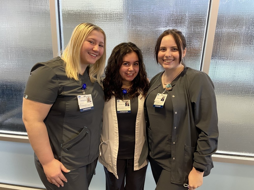 Adena Health System has been hiring many Pickaway-Ross students. Above, from left, are Jasmine Crocker and Carmen Barr, who are in Catherine McVicker’s Allied Health program, and Alicen Davis, who is in Tammy Tipton’s program.