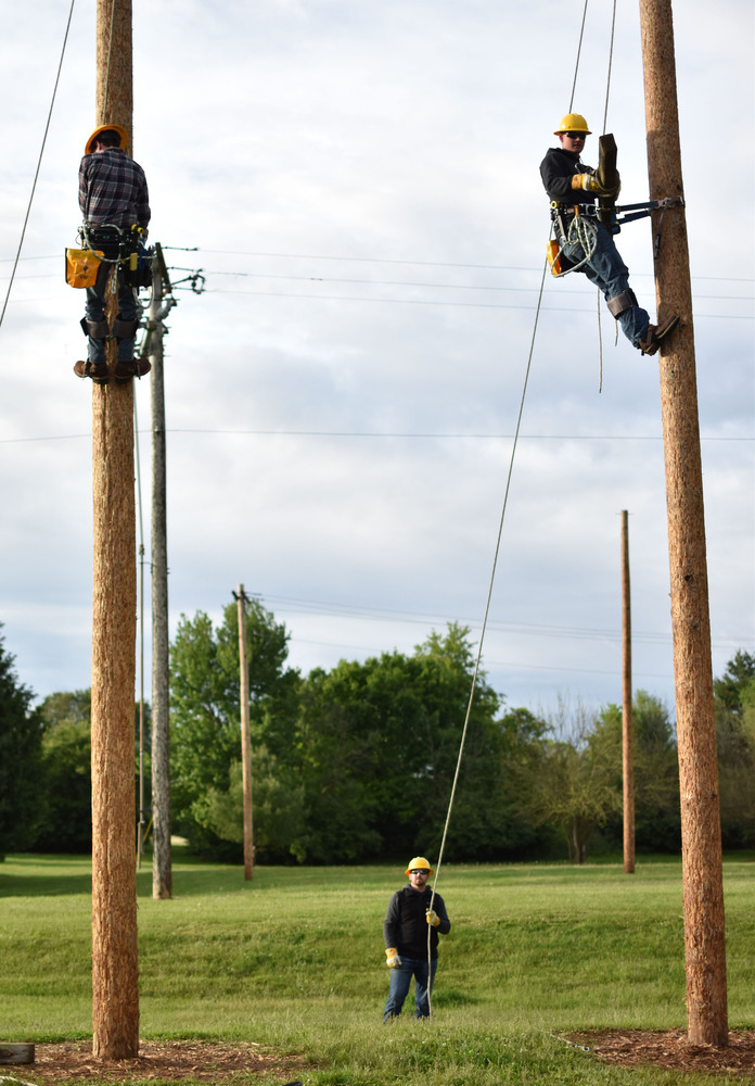 Powerline students climb poles during class.