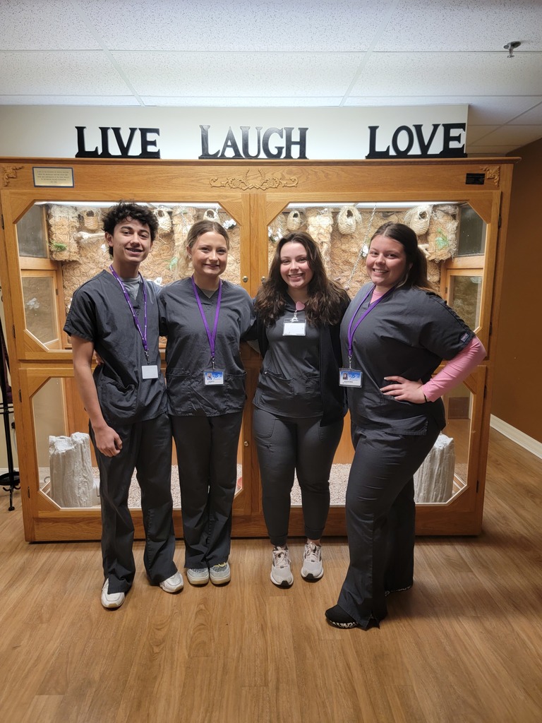 4 students stand in grey scrubs in front of a wooden and glass cabinet. 